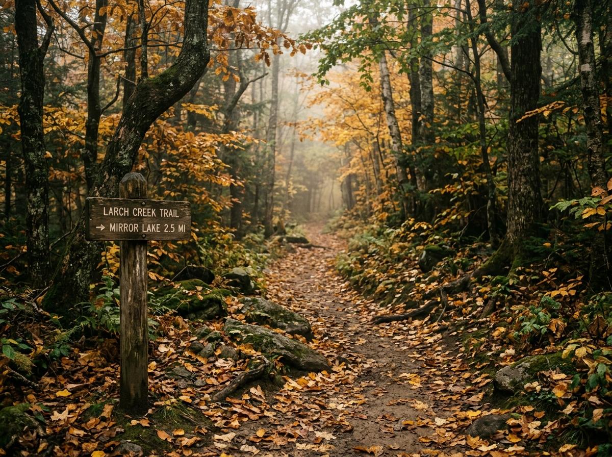 A quiet misty mountain trail with fallen leaves and rustic wooden marker